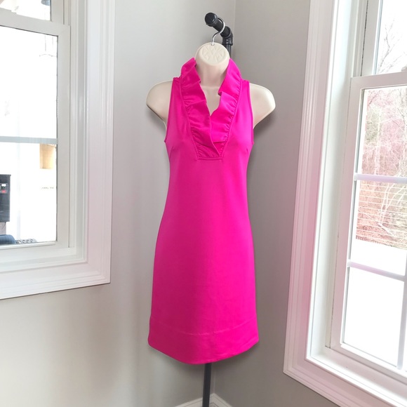 gretchen scott pink ruffle neck dress Gretchen Scott Jersey Ruffneck Sleeveless Dress Pink s